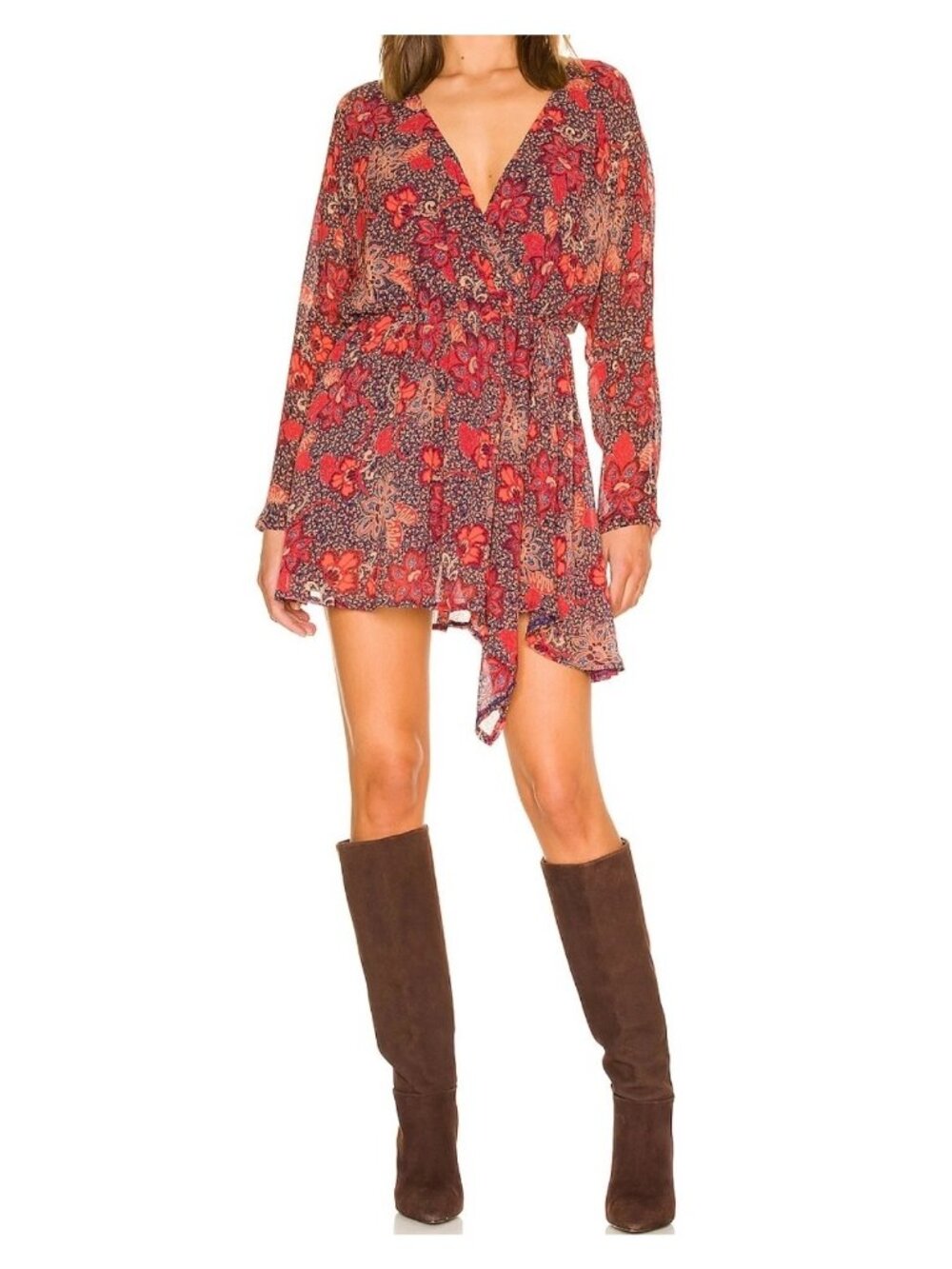 Free People Teegan Floral Print Long Sleeve Wrap Mini Dress Asymmetrical X-Small